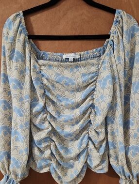 Rose & Olive Blue and Cream Floral Smocked Blouse Semi Sheer Size Small
